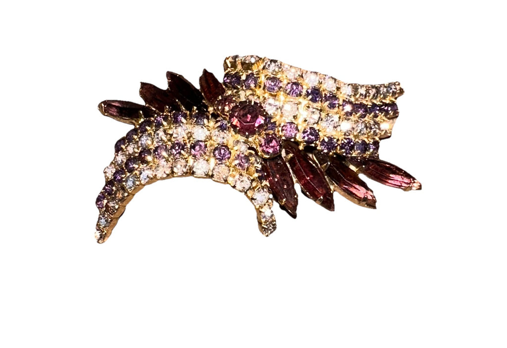 Brooch 1960’s GoldTone Purple And Lavender Crystals 2.50” Arch Pin Vintage