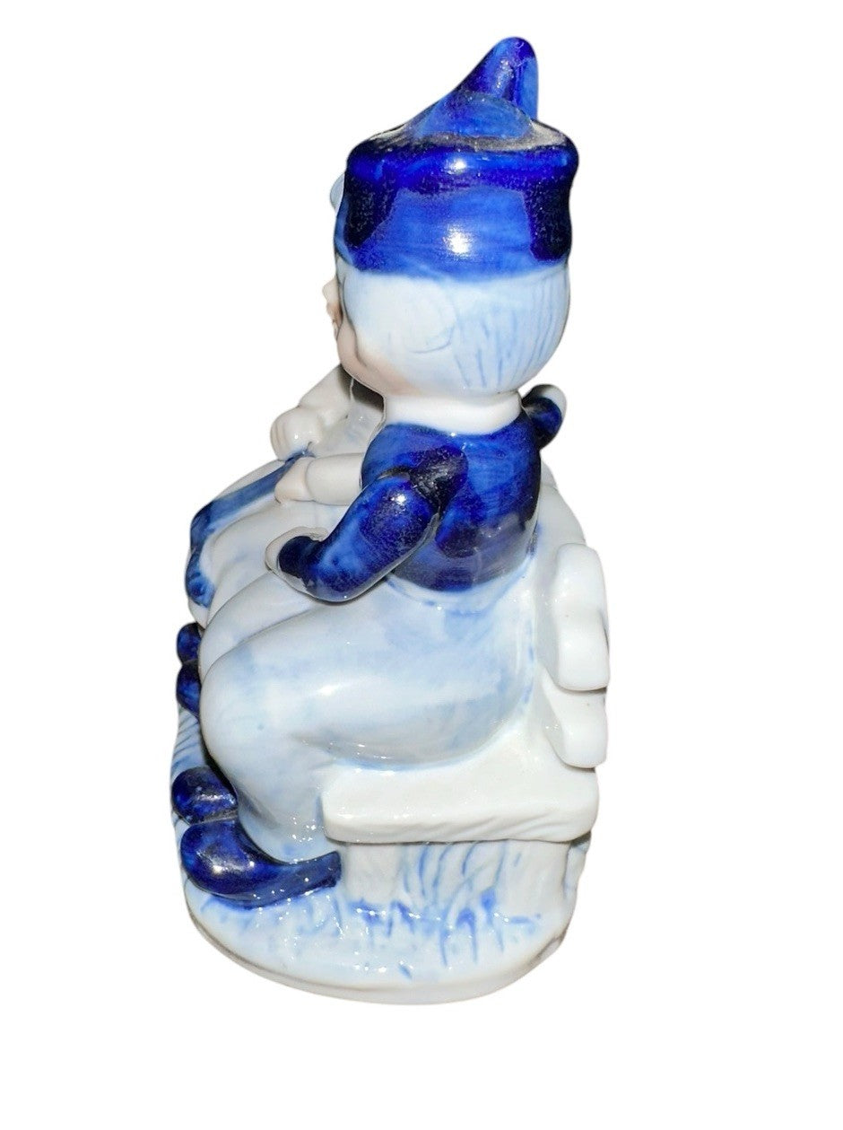 Dutch Girl Boy Bench Figurine Hand-Painted DALC Delft Blue and White Vintage