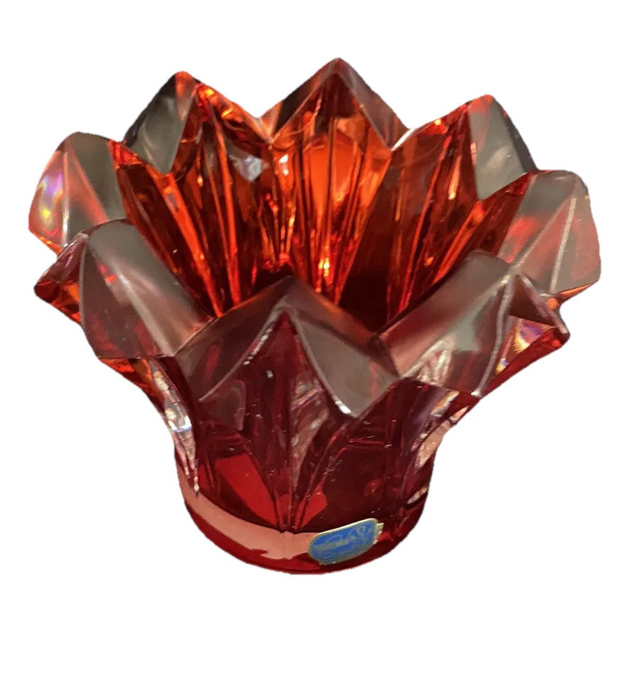 Candle Holder 4”W Bohemian Crystal Czech Republic Red Vintage