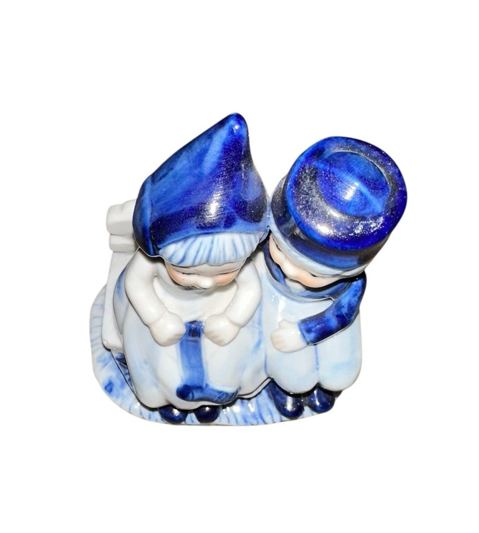 Dutch Girl Boy Bench Figurine Hand-Painted DALC Delft Blue and White Vintage