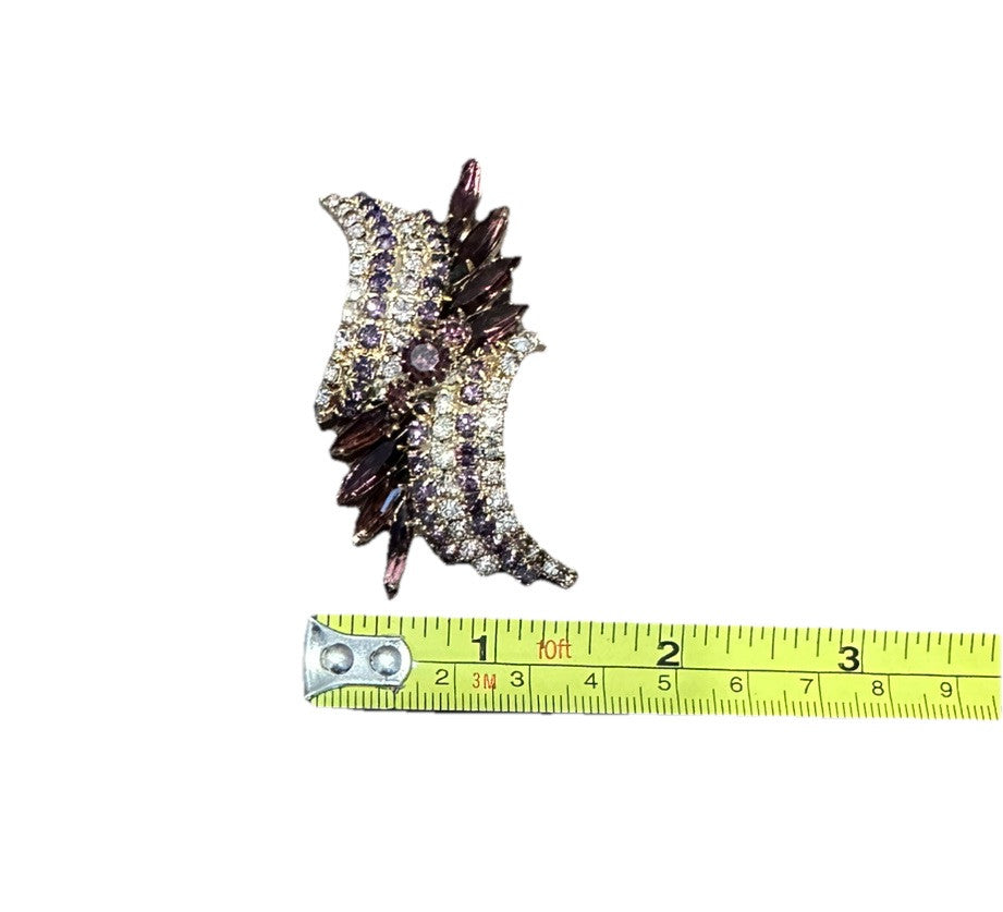 Brooch 1960’s GoldTone Purple And Lavender Crystals 2.50” Arch Pin Vintage