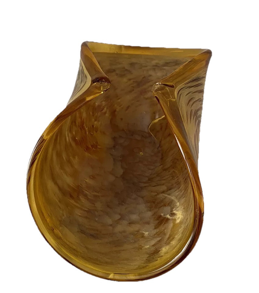 Bowl Folded Amber Made In Italy Murano White Cristal Crystal Art Glass Vintage