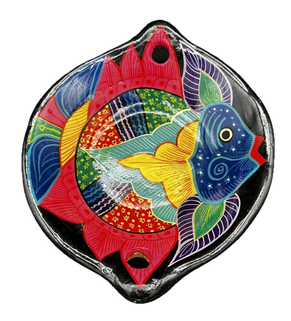 Bowl San Lucas Mexico Glazed Pottery Fish Handles Multicolor Vintage