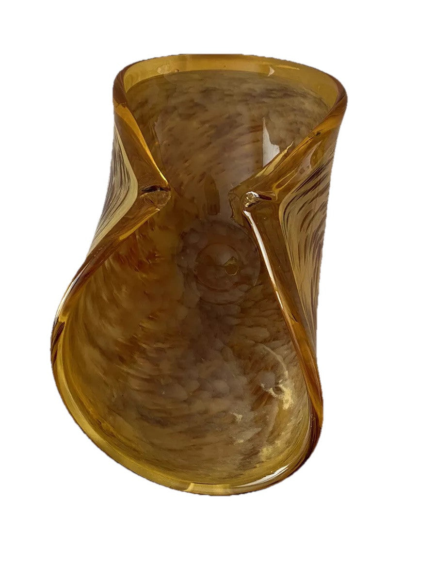 Bowl Folded Amber Made In Italy Murano White Cristal Crystal Art Glass Vintage