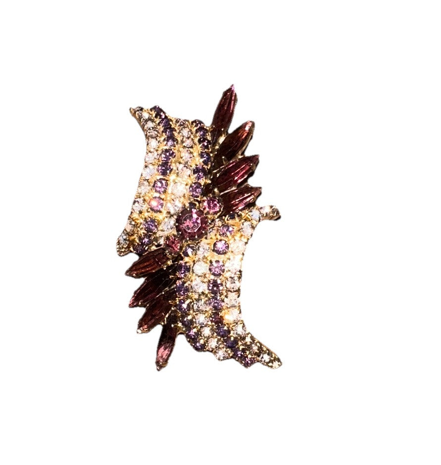 Brooch 1960’s GoldTone Purple And Lavender Crystals 2.50” Arch Pin Vintage