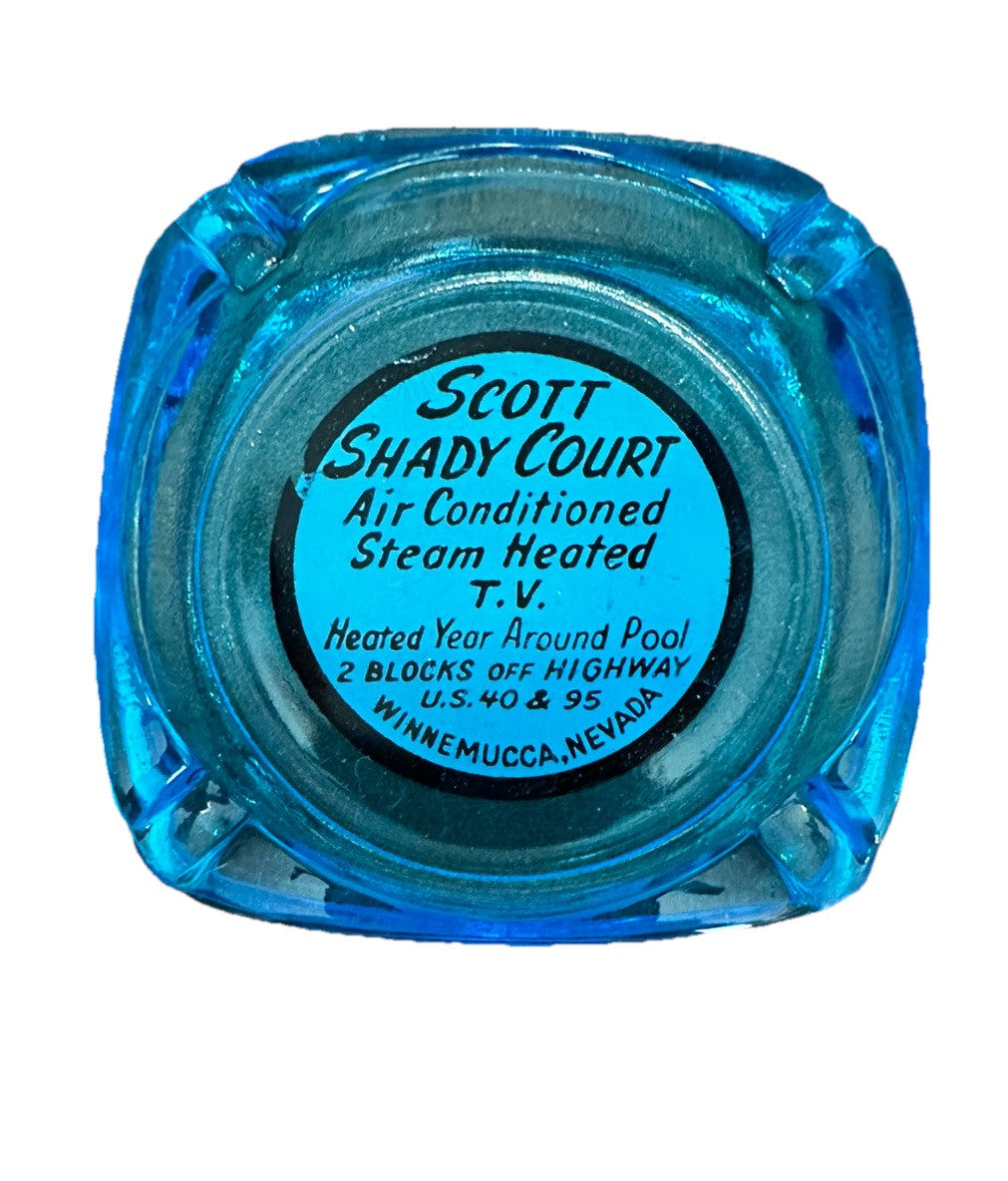 Ashtray Winnemuccas Nevada US 40 & 95 Scott Shady Court Blue Glass Vintage