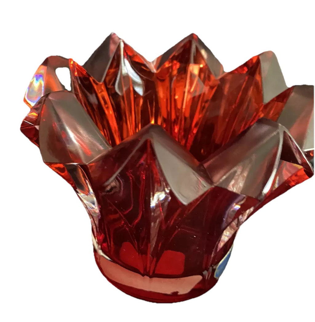 Candle Holder 4”W Bohemian Crystal Czech Republic Red Vintage