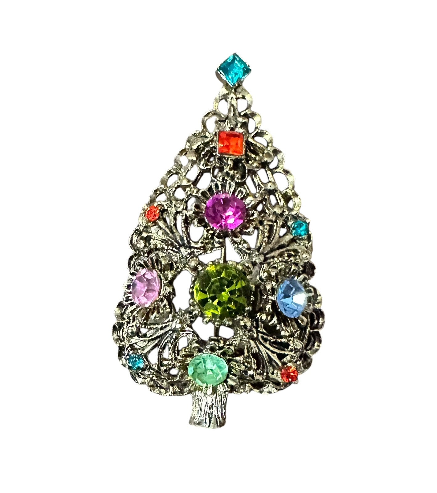 Brooch Pin Gold Tone Rhinestones Multicolor 2.5” Dodd Christmas Tree Vintage