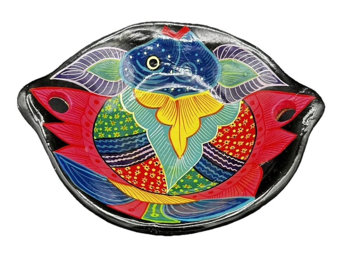 Bowl San Lucas Mexico Glazed Pottery Fish Handles Multicolor Vintage