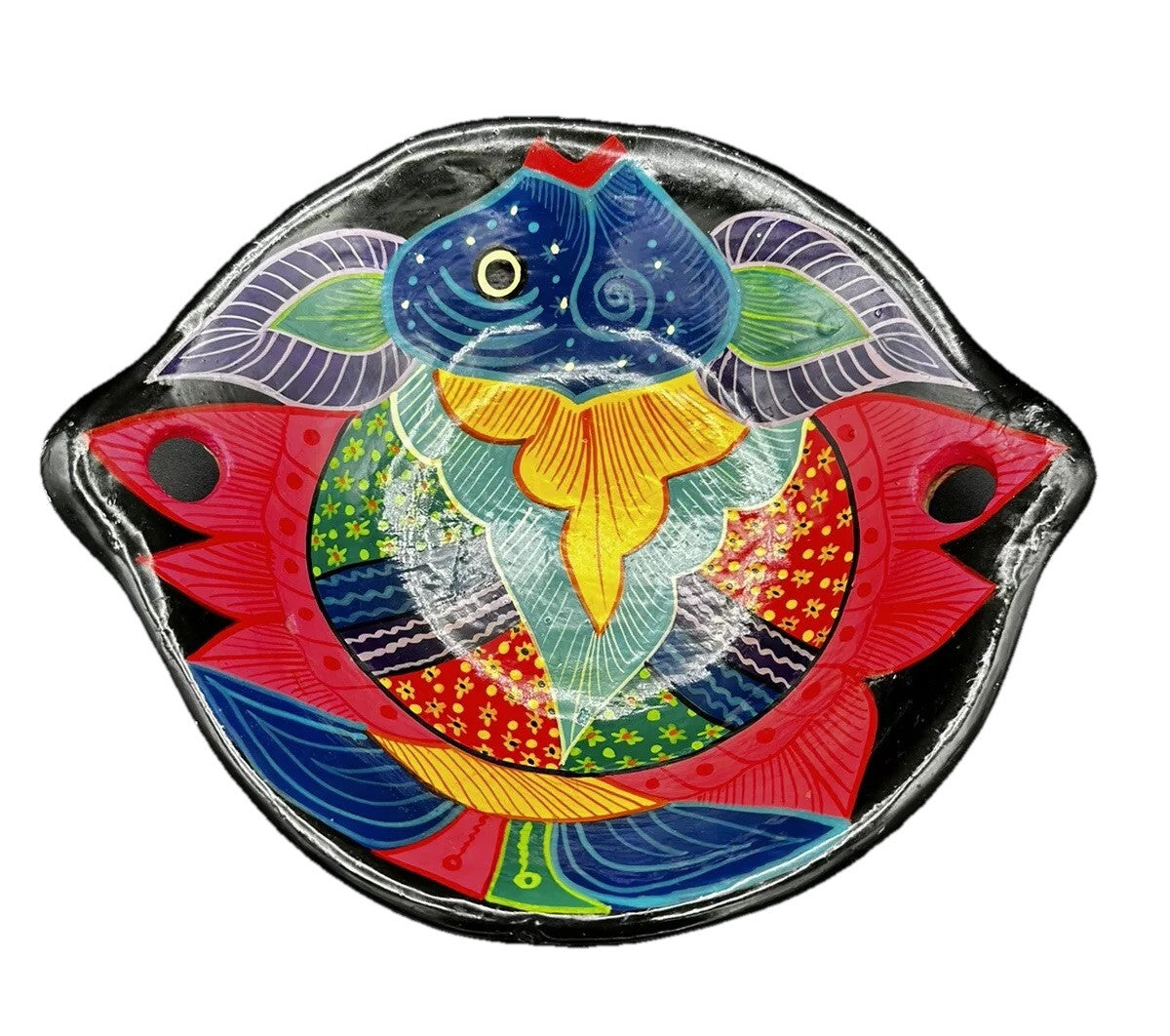 Bowl San Lucas Mexico Glazed Pottery Fish Handles Multicolor Vintage