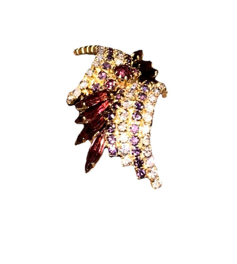 Brooch 1960’s GoldTone Purple And Lavender Crystals 2.50” Arch Pin Vintage