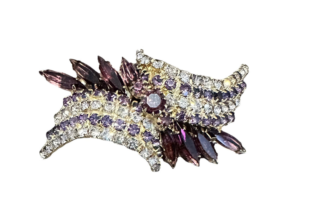 Brooch 1960’s GoldTone Purple And Lavender Crystals 2.50” Arch Pin Vintage