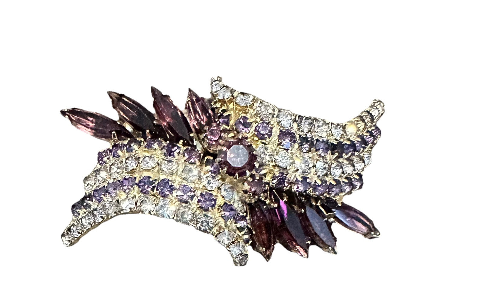 Brooch 1960’s GoldTone Purple And Lavender Crystals 2.50” Arch Pin Vintage
