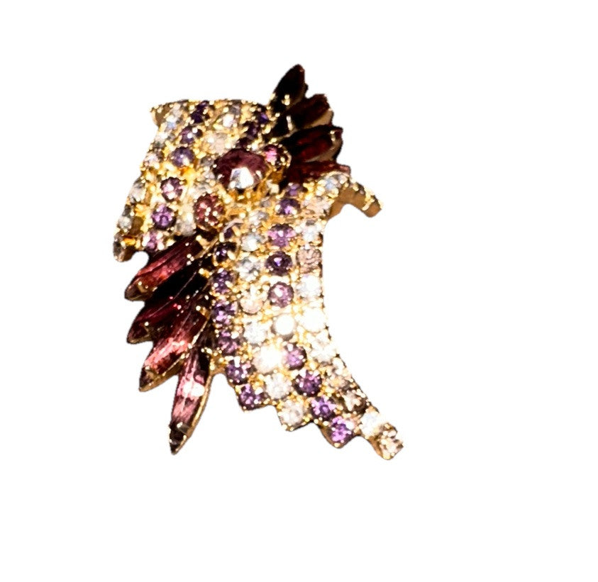 Brooch 1960’s GoldTone Purple And Lavender Crystals 2.50” Arch Pin Vintage