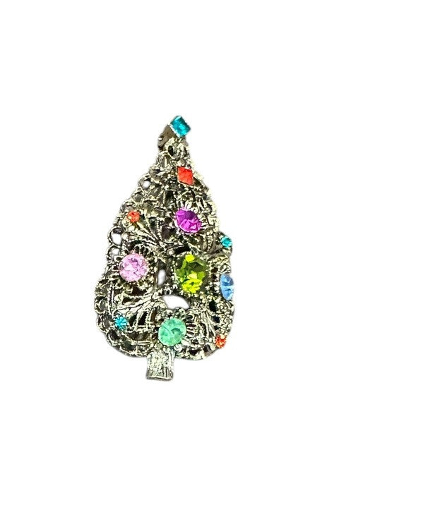 Brooch Pin Gold Tone Rhinestones Multicolor 2.5” Dodd Christmas Tree Vintage