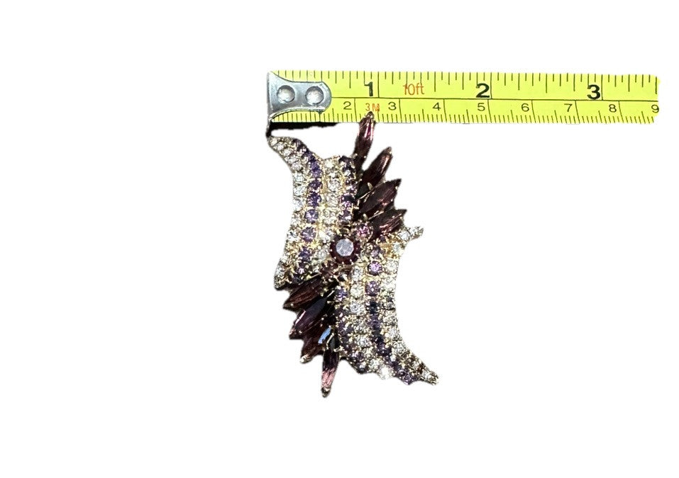 Brooch 1960’s GoldTone Purple And Lavender Crystals 2.50” Arch Pin Vintage