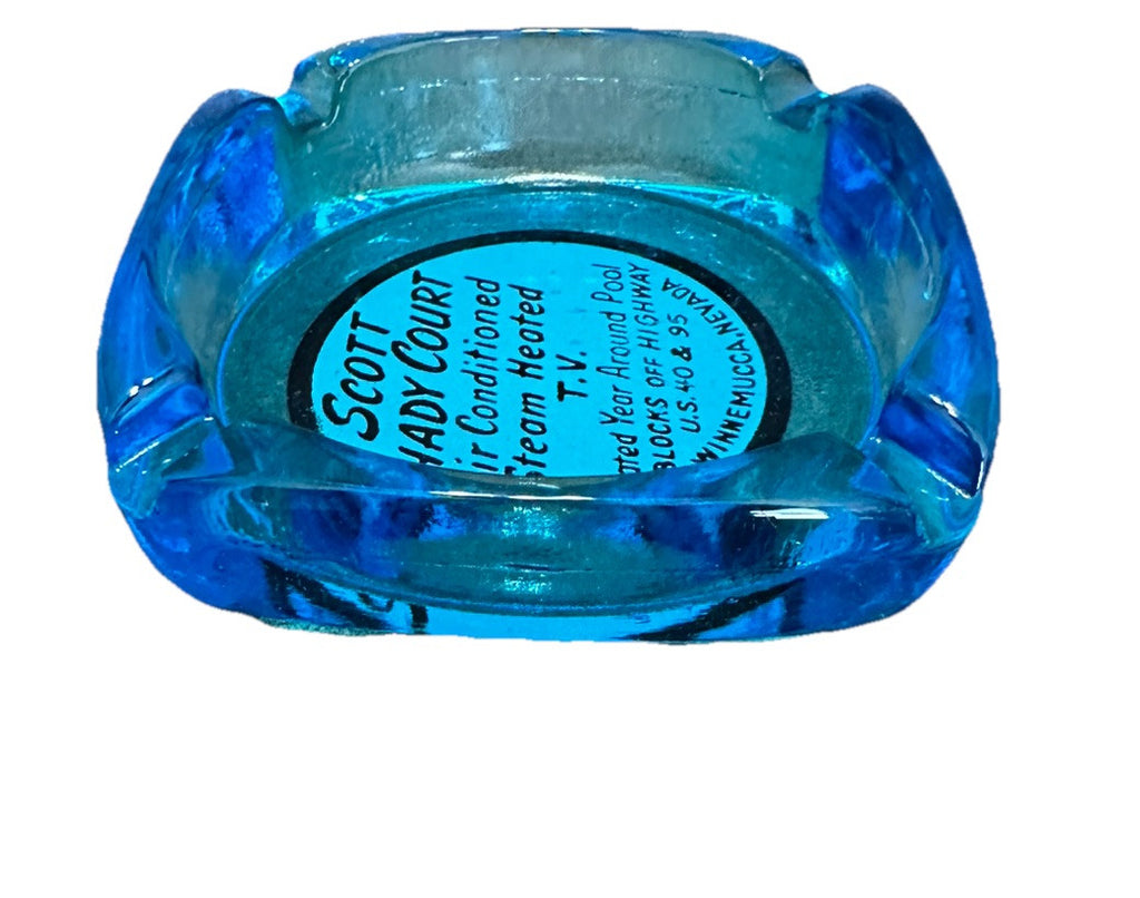 Ashtray Winnemuccas Nevada US 40 & 95 Scott Shady Court Blue Glass Vintage