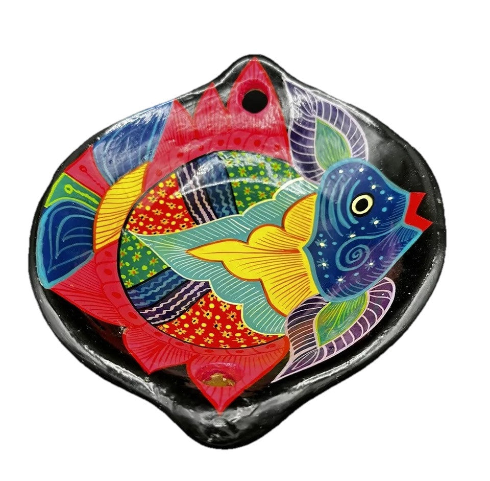 Bowl San Lucas Mexico Glazed Pottery Fish Handles Multicolor Vintage