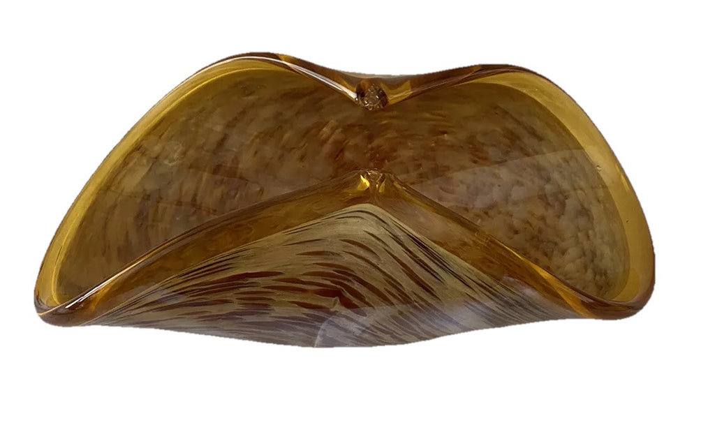Bowl Folded Amber Made In Italy Murano White Cristal Crystal Art Glass Vintage