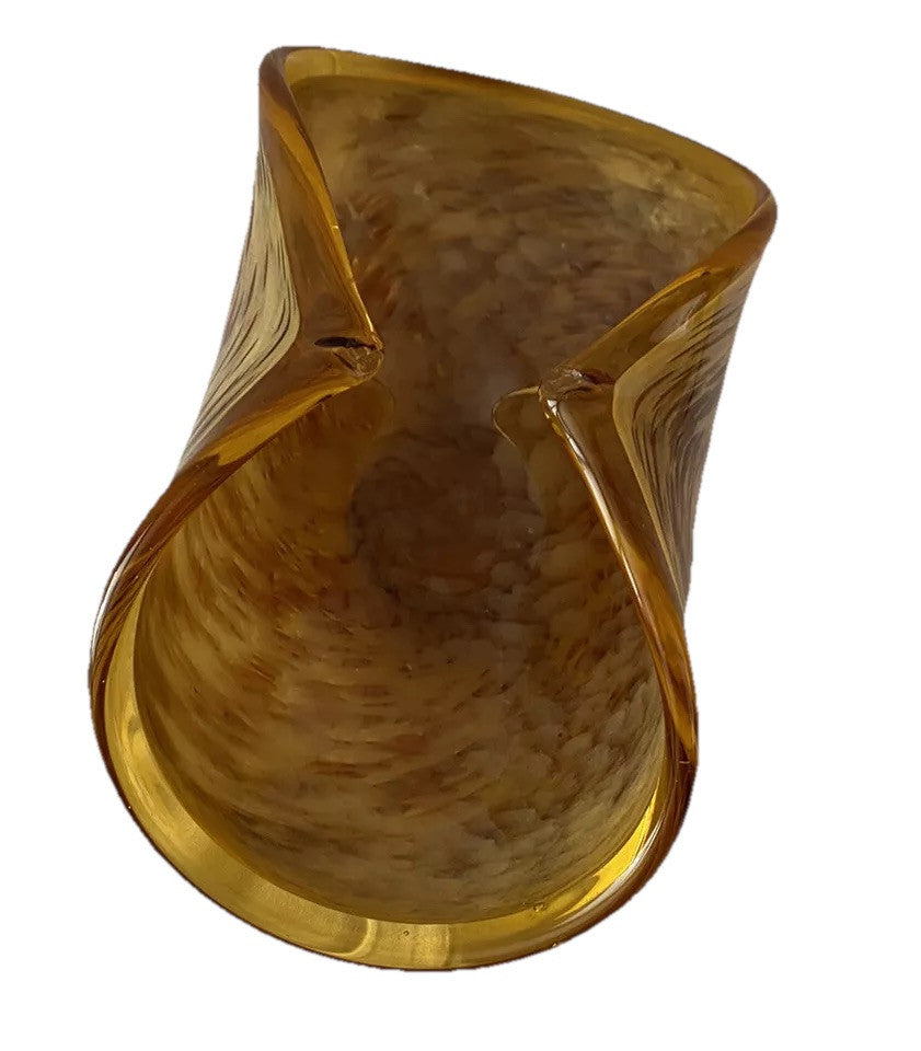 Bowl Folded Amber Made In Italy Murano White Cristal Crystal Art Glass Vintage