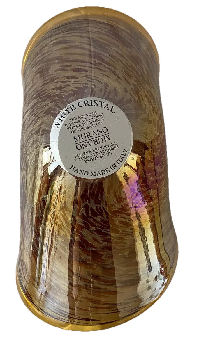 Bowl Folded Amber Made In Italy Murano White Cristal Crystal Art Glass Vintage