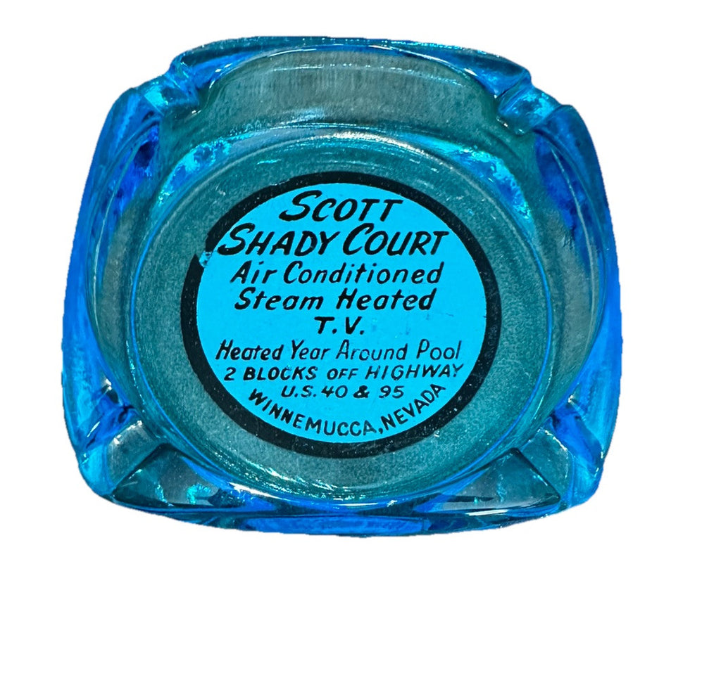 Ashtray Winnemuccas Nevada US 40 & 95 Scott Shady Court Blue Glass Vintage