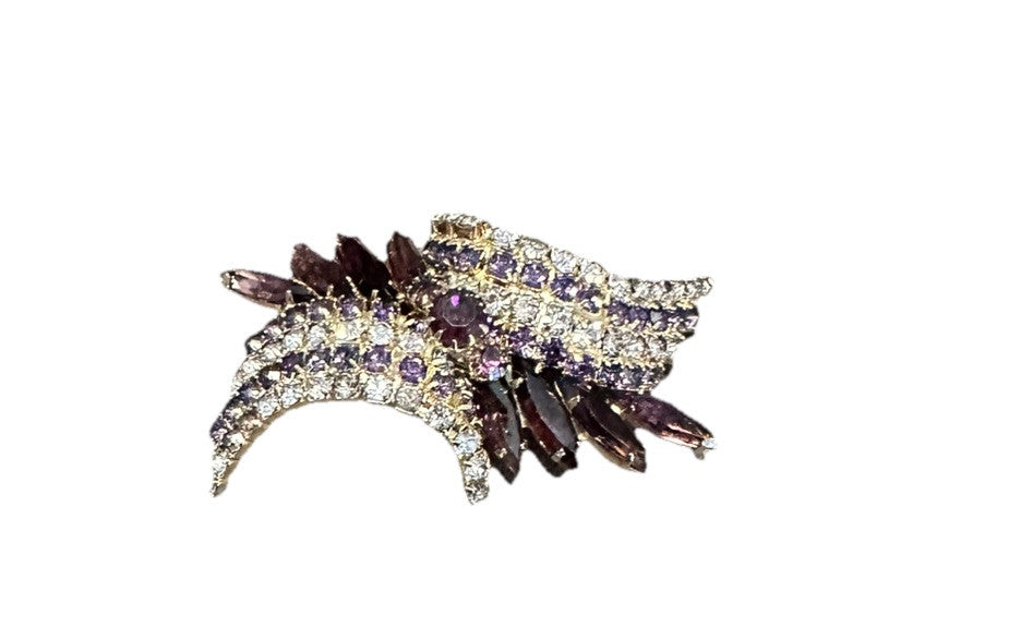 Brooch 1960’s GoldTone Purple And Lavender Crystals 2.50” Arch Pin Vintage