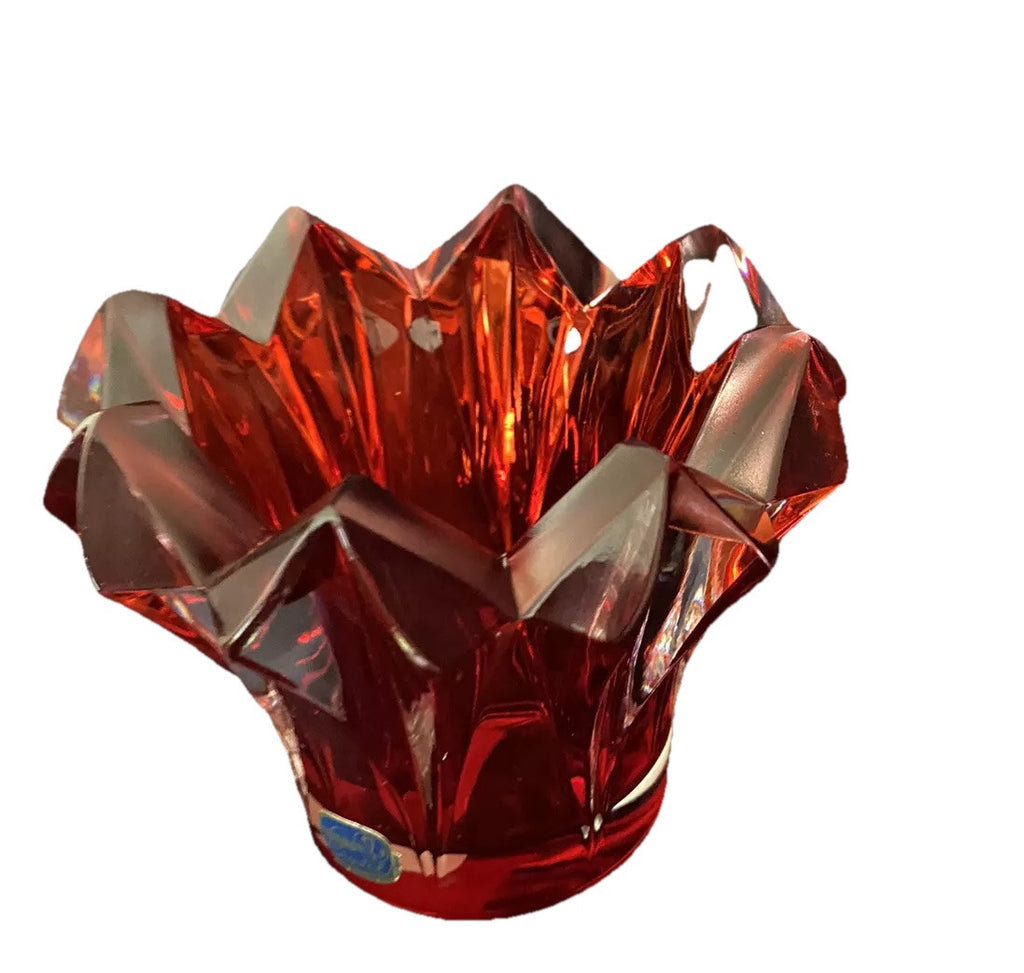 Candle Holder 4”W Bohemian Crystal Czech Republic Red Vintage
