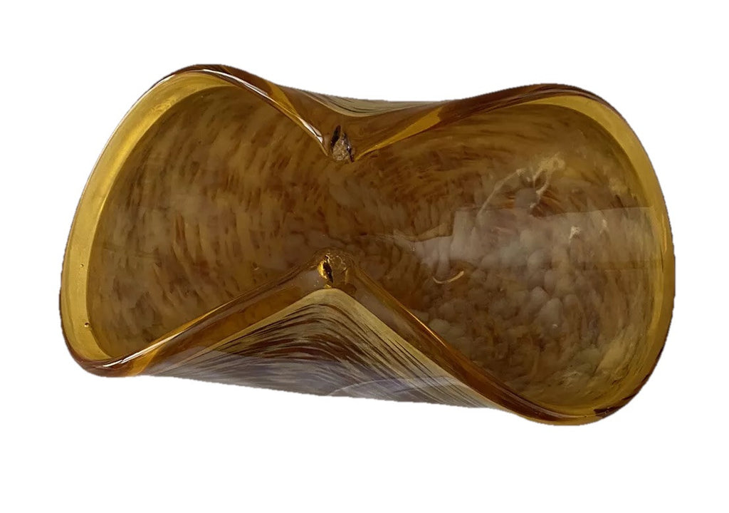 Bowl Folded Amber Made In Italy Murano White Cristal Crystal Art Glass Vintage