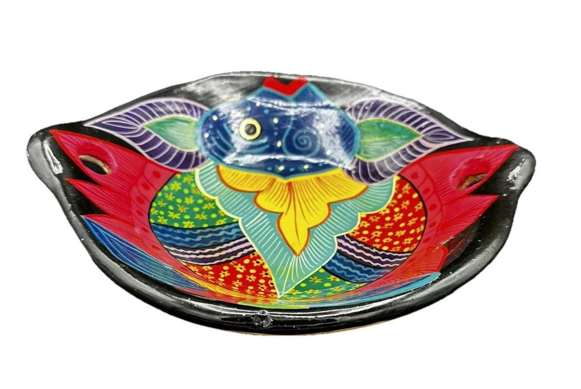 Bowl San Lucas Mexico Glazed Pottery Fish Handles Multicolor Vintage