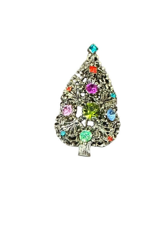 Brooch Pin Gold Tone Rhinestones Multicolor 2.5” Dodd Christmas Tree Vintage