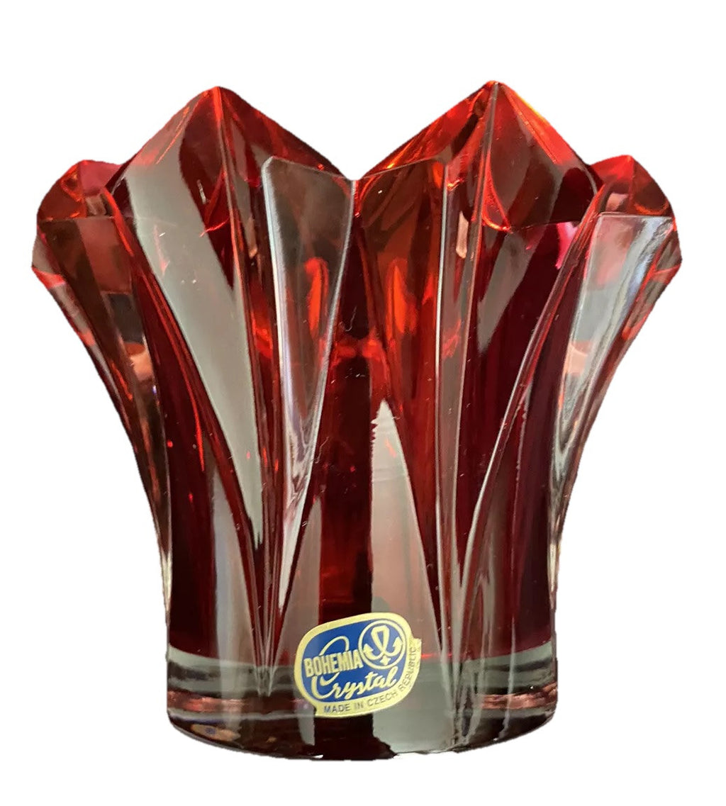 Candle Holder 4”W Bohemian Crystal Czech Republic Red Vintage